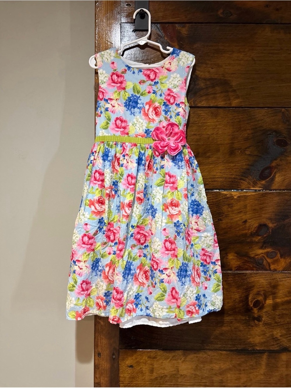 Girls Floral Pink Blue Party Dress with Decorative Flower